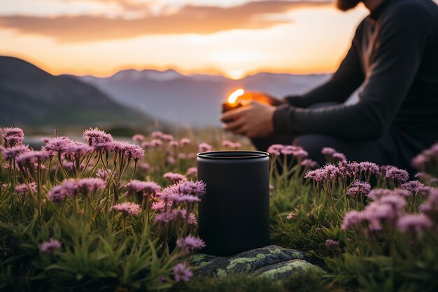 Taça de chá turística de pé em uma rocha entre gramíneas alpinas