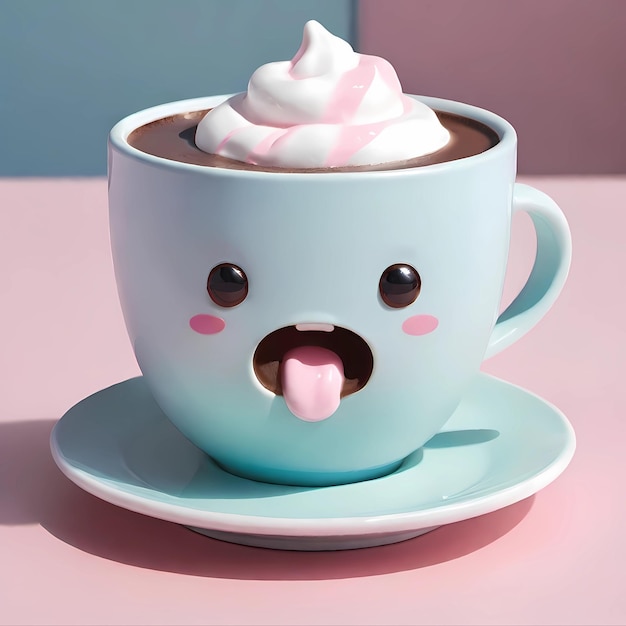 Foto taça de chocolate quente kawaii desenho 3d de personagens de desenho animado