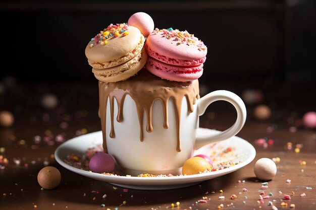 Taça de chocolate transbordante com macarrões