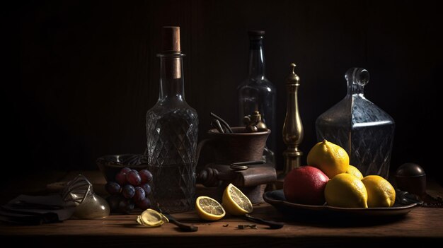 Taça de frutas suntuosa e garrafa de vinho na mesa IA generativa