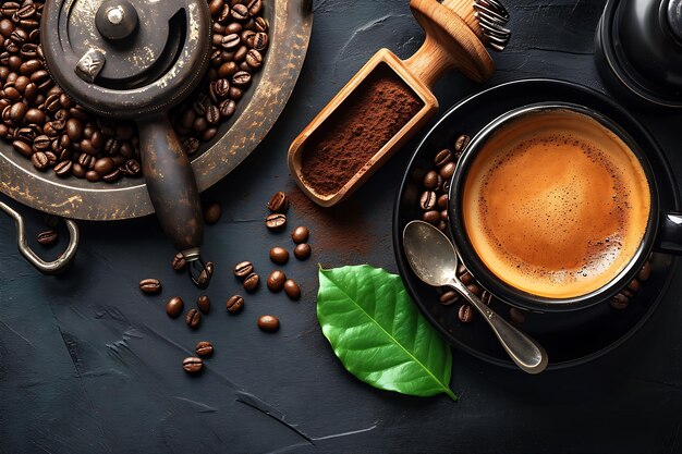 Taça de grãos e folhas de café com moagem de café