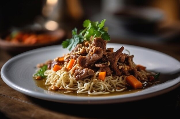 Taça de macarrão tailandês com carne e molho teriyaki Restaurante servindo cardápio IA generativa