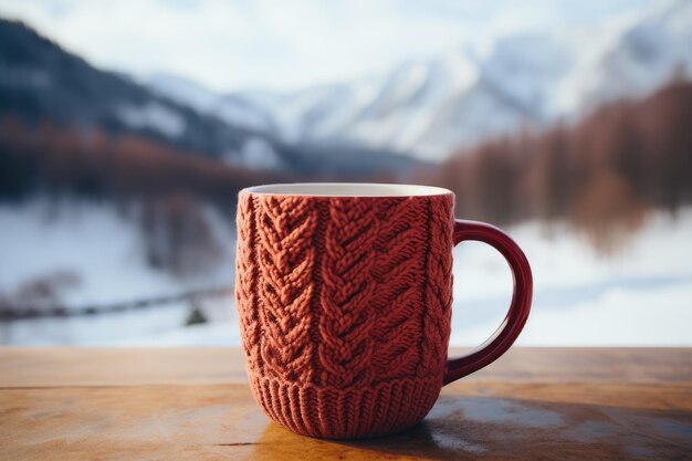 Taça de tricô vermelha de chá de café quente no fundo de uma paisagem coberta de neve