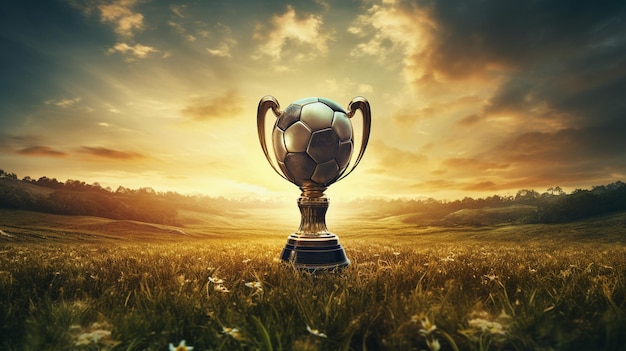 Taça de troféu com relva e campo