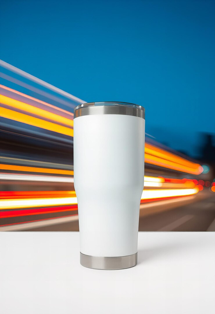 Foto taça de viagem em branco de aço inoxidável superfície lisa fundo branco