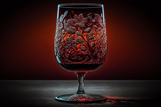 Taça de vinho com fundo vermelho e desenho de flores no fundo.