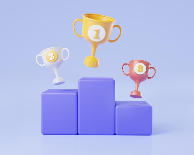 Taça do troféu de ouro, prata e bronze flutuando no pódio em fundo roxo Esporte campeão Primeiro e segundo e terceiro lugares ganhando prêmios conceito de celebração de campeões ilustração de renderização 3d