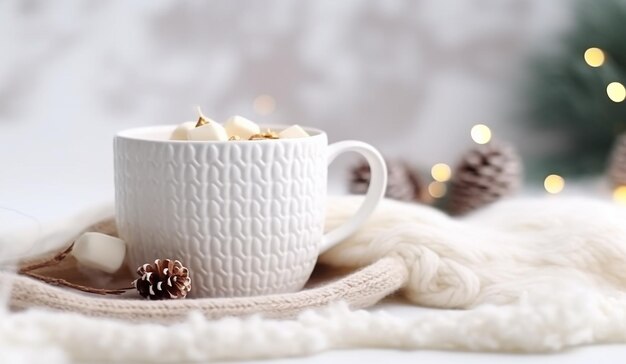 Taça festiva com padrão de Natal e marshmallow em fundo de tricô branco aconchegante com Garland Cre