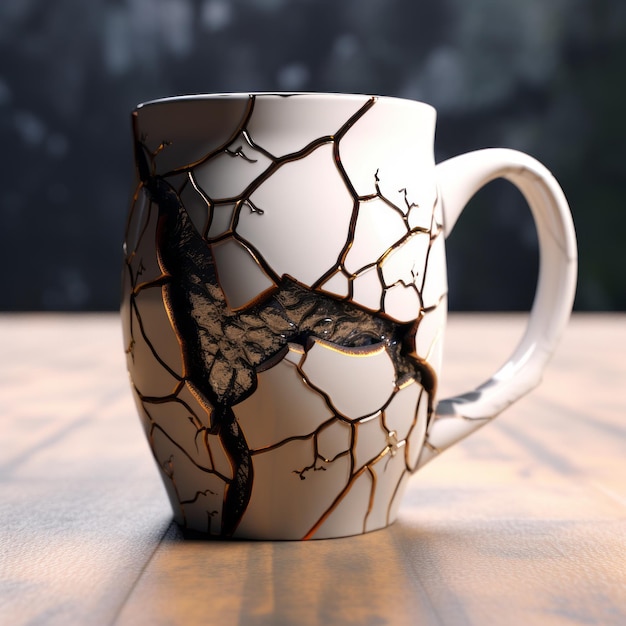 Taça rachada em mesa de madeira detalhada Zbrushstyle arte 3D