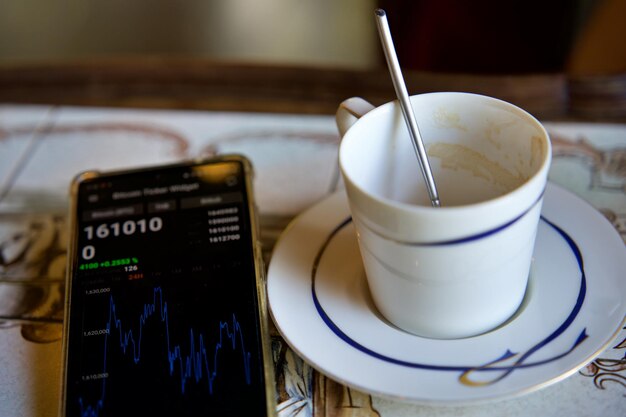 Taça vazia de cappuccino em uma mesa de madeira em um café Belo espuma branco copo de cerâmica espaço de cópia