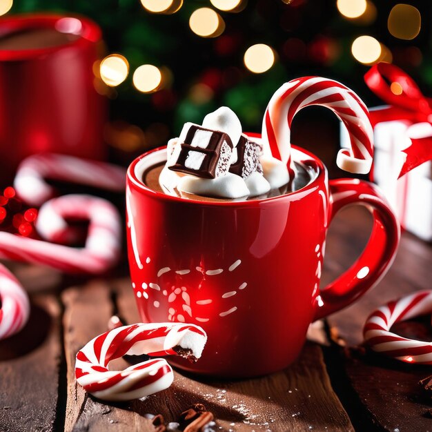 Taça vermelha cheia de chocolate quente e cana de doces de marshmallow em uma mesa rústica com fundo de Natal