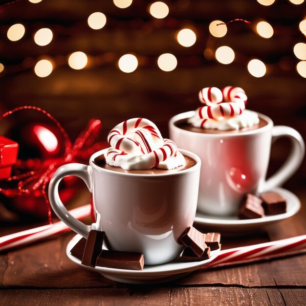 Foto taça vermelha cheia de chocolate quente e cana de doces de marshmallow em uma mesa rústica com fundo de natal