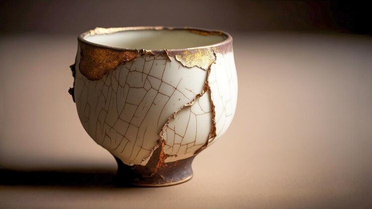 Foto taça wabi sabi reparada com técnica japonesa kintsugi enfatizando as rachaduras com marcenaria dourada ia generativa