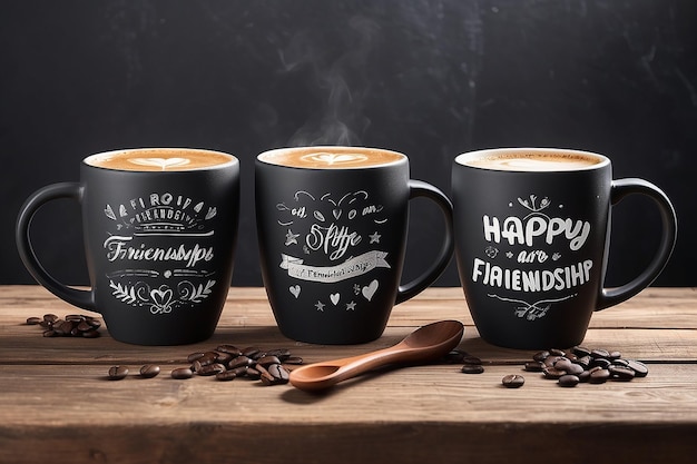 Taças de café em tábua de madeira com texto de feliz dia da amizade Conceito de dia de amizade