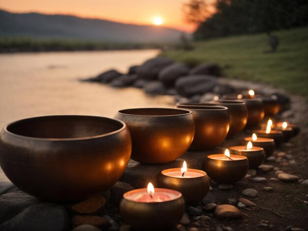 taças de canto meditação e lótus cristais energia cura paz contra o pano de fundo da natureza