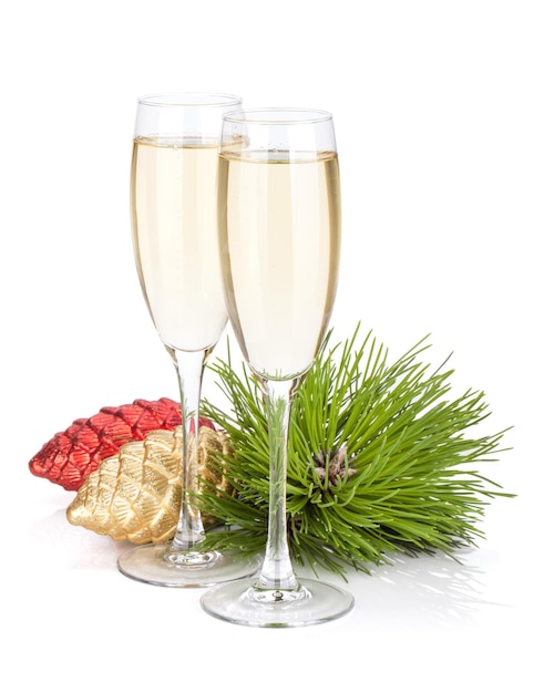 Taças de champanhe abeto e decoração de natal