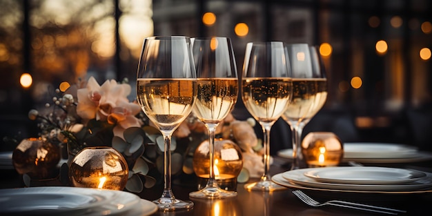 Taças de champanhe na mesa festiva com fundo bokeh dourado brilhante Banner de fundo de celebração com vinho espumante