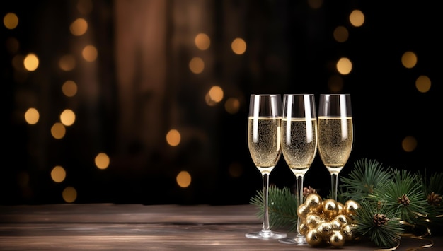 Taças de champanhe para dar as boas-vindas ao ano novo em uma atmosfera festiva, tempo de Ano Novo gerado pela IA