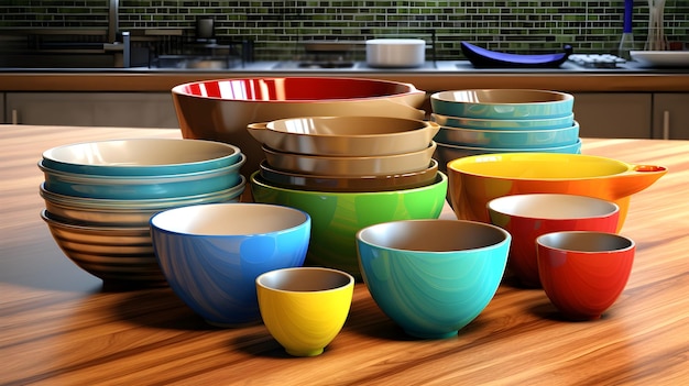 Taças de cozinha coloridas empilhadas e copos de medição em uma bancada de madeira com um pano de fundo de azulejos
