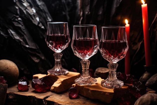 Taças de cristal meio cheias de vinho tinto