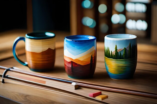 Taças de vidro coloridas com montanhas e árvores pintadas.