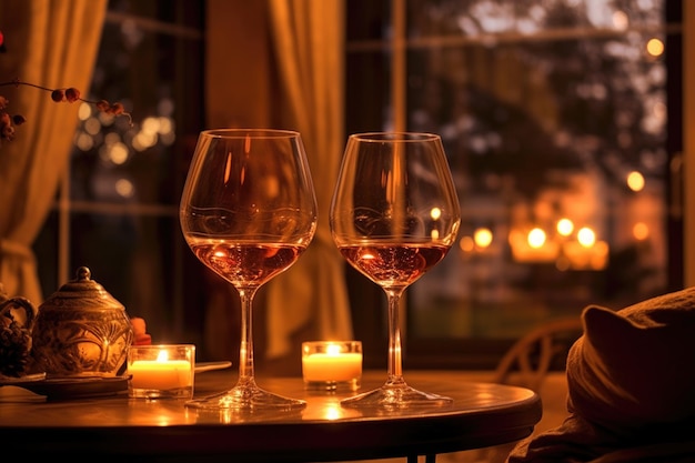 Taças de vinho à luz de velas com ambiente romântico criado com ai generativa