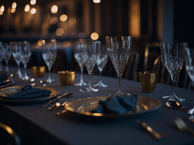 Taças de vinho e talheres em uma mesa em um restaurante