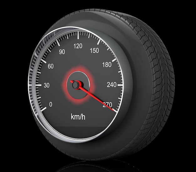 Tachometer in Auto-Rad-Reifen auf schwarzem Hintergrund. 3D-Rendering