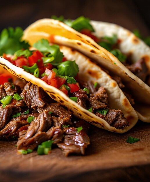 taco de carne fresca en una mesa de madera con salsa Cinco de Mayo