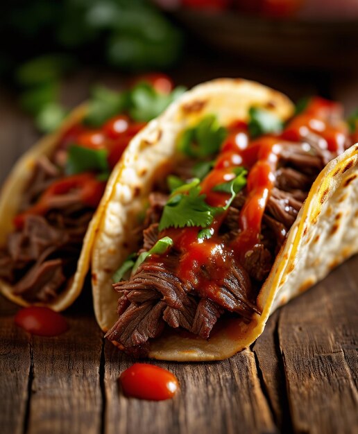 taco de carne fresca en una mesa de madera con salsa Cinco de Mayo