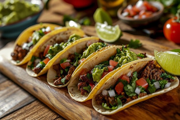 Taco de carne a la parrilla con verduras frescas guacamole casero y salsa picante