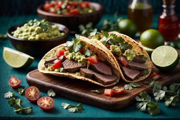 taco de carne recién asada con guacamole y cilantro