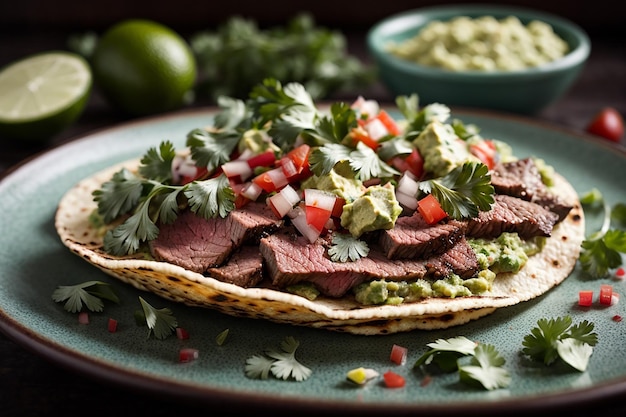 taco de carne recién asada con guacamole y cilantro