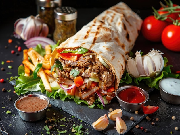 un taco con carne, verduras y una ensalada