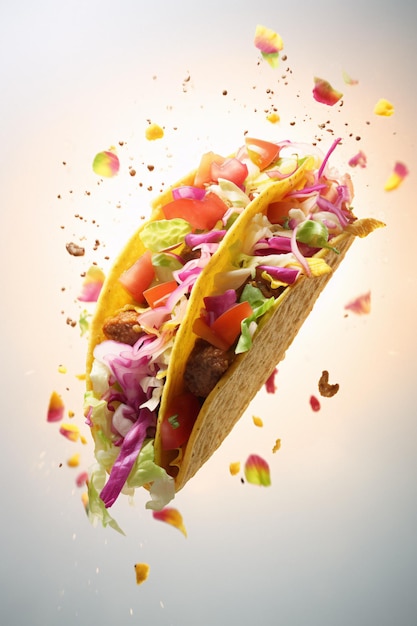 Taco colorido con carne salada y verduras frescas volando con gracia en MidAir IA generativa