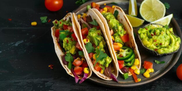 Taco com guacamole e vegetais em fundo preto foto de estoque de comida mexicana