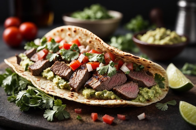 taco de carne fresca grelhada com guacamole e coentro