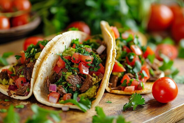 Taco de carne grelhada com legumes frescos, guacamole caseiro e molho picante