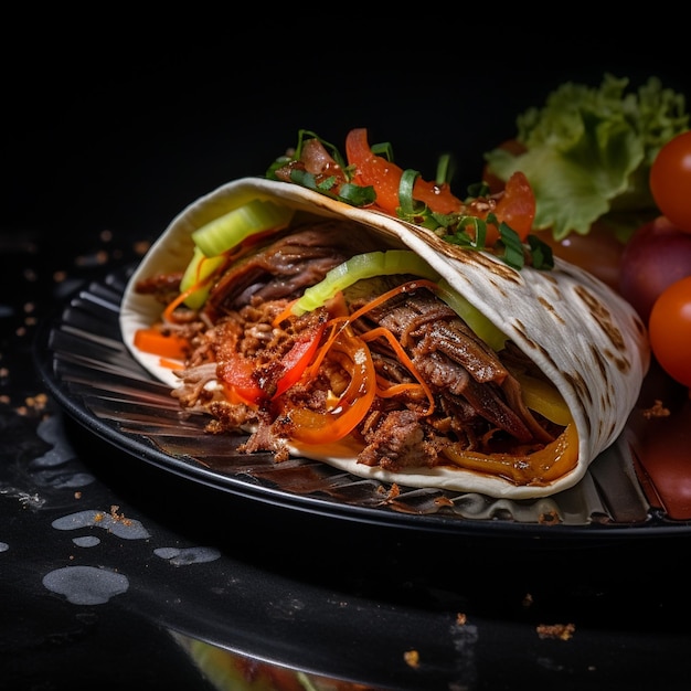 Taco de carne grelhada em pão achatado com tomate e vegano