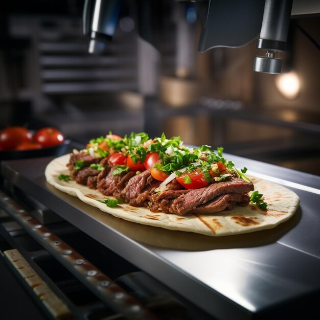 Taco de carne grelhada em pão achatado com tomate e vegano