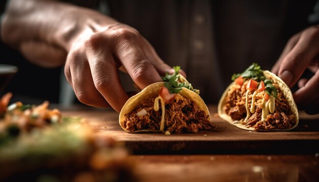 Taco de carne grelhada em prato de pão plano caseiro gerado por IA