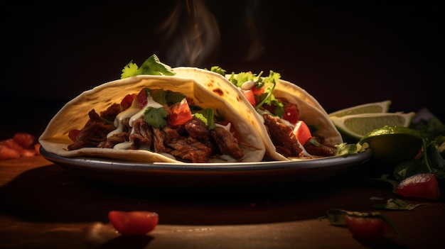 Taco de costela exótico no prato com fotografia realista de natureza morta a vapor