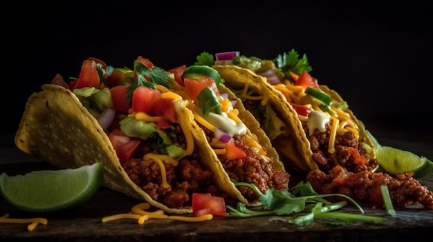 Taco delicioso em uma tábua de madeira com fundo preto