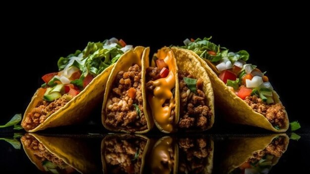 Foto taco delicioso em uma tábua de madeira com fundo preto