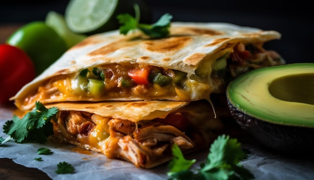 Taco de guacamole carne y verdura sobre tortilla frescura y picante generado por inteligencia artificial