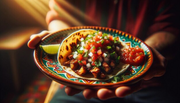 Taco mexicano autêntico de mão sobre um prato colorido