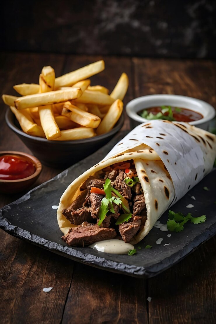 un taco y papas fritas están en una mesa con un plato de comida