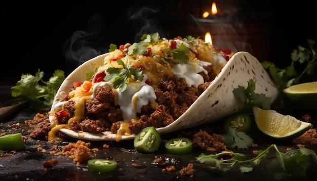 Taco de res a la parrilla con guacamole, tomate y cilantro sobre tortilla generado por inteligencia artificial