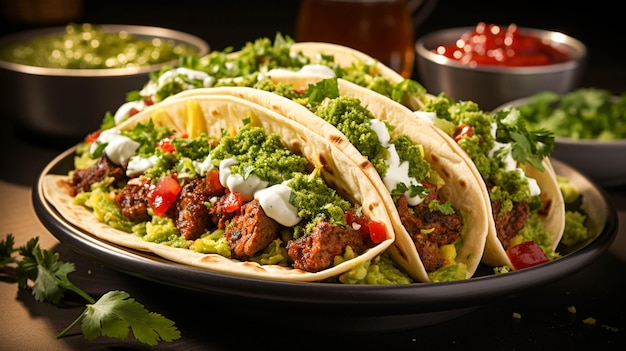 Taco de ternera a la parrilla con guacamole fresco y cilantro en plato blanco