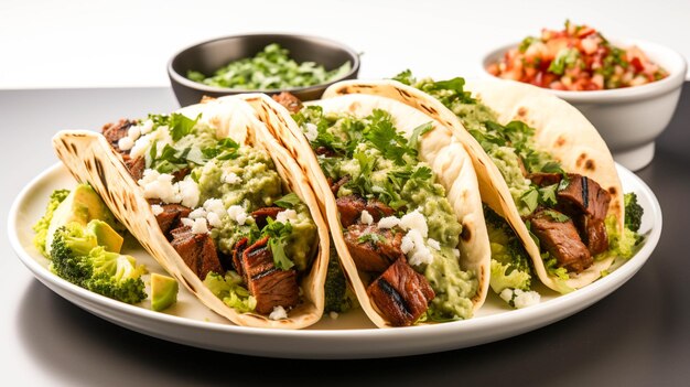 Taco de ternera a la parrilla con guacamole fresco y cilantro en plato blanco